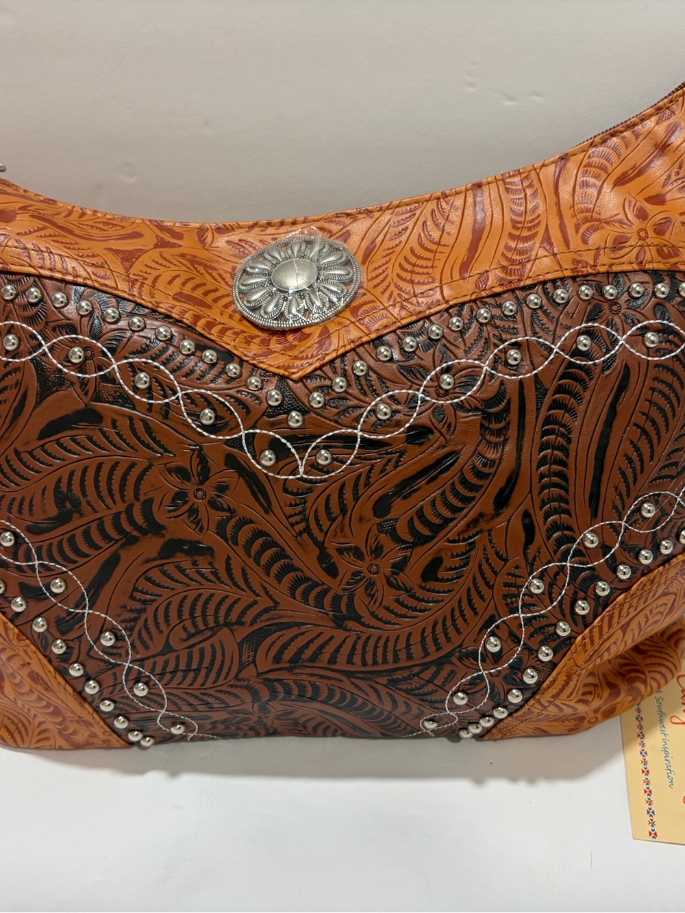 Canyon Sky Tooled Leather Western Handbag • Embossed Floral Design • NWT